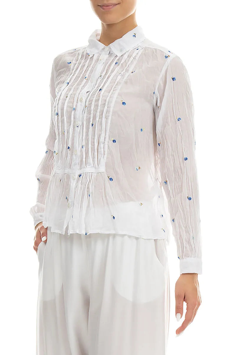 Pintucks White Embroidered Petals Cotton Shirt 3