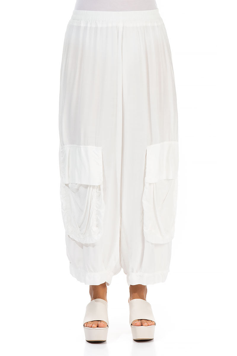 Pockets White Silk Bamboo Trousers 1