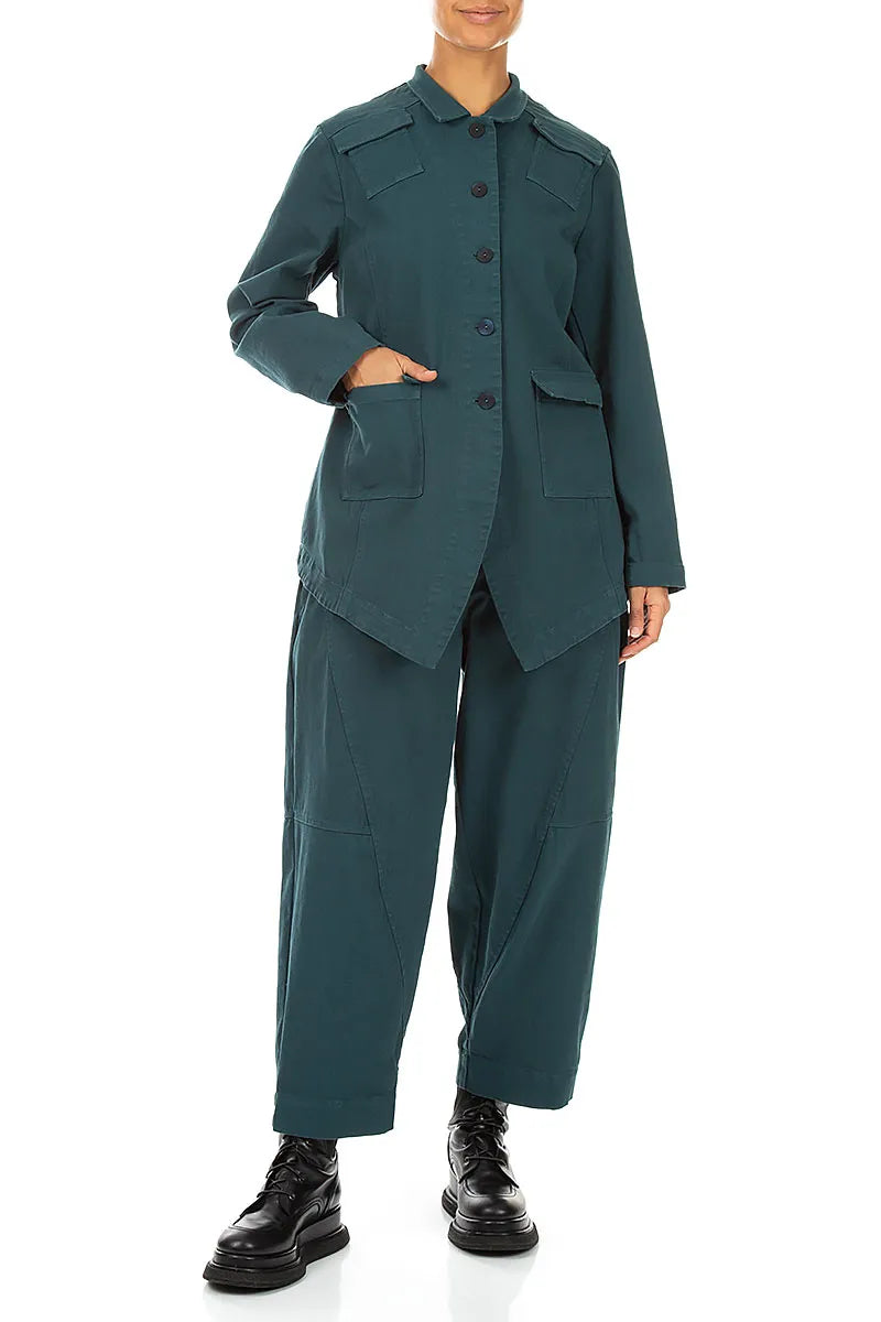 Pointed Hem Deep Turquoise Denim Cotton Jacket 4