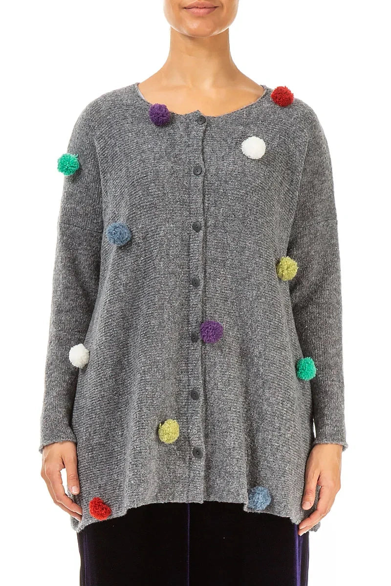 Pom-Pom Grey Wool Cardigan 2