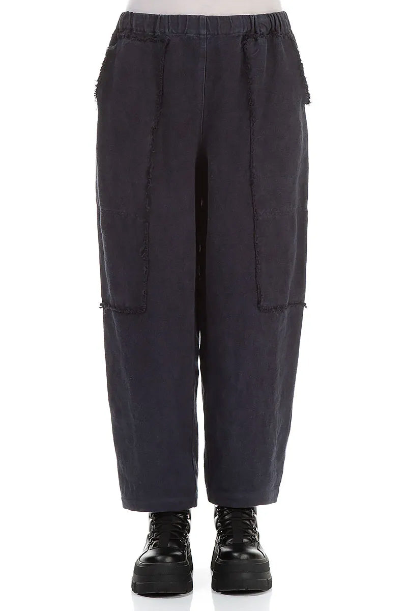Raw Edge Pockets Slate Blue Heavy Linen Trousers 1
