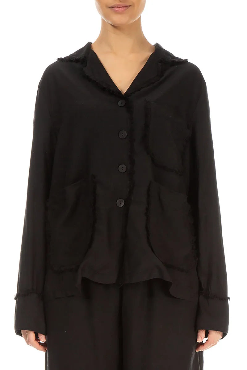 Raw Edge Three Pockets Black Silk Bamboo Jacket 1