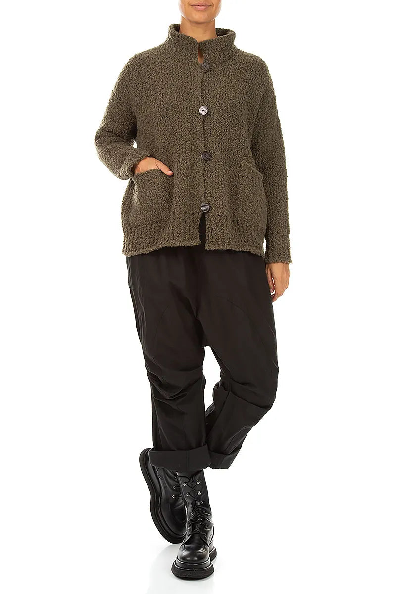 Relaxed Buttoned Moss Brown Alpaca Wool Cardigan 4