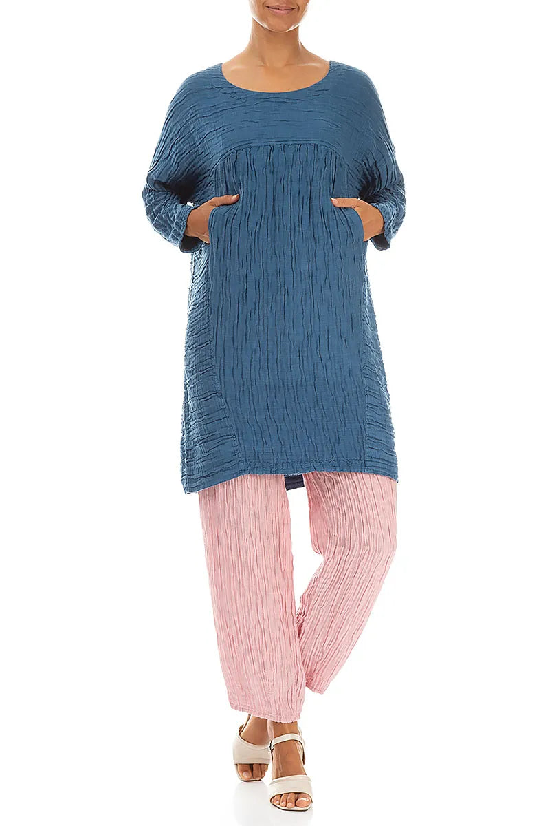 Legere geknitterte Tunika aus Denim-Blau Seide-Leinen-Mix