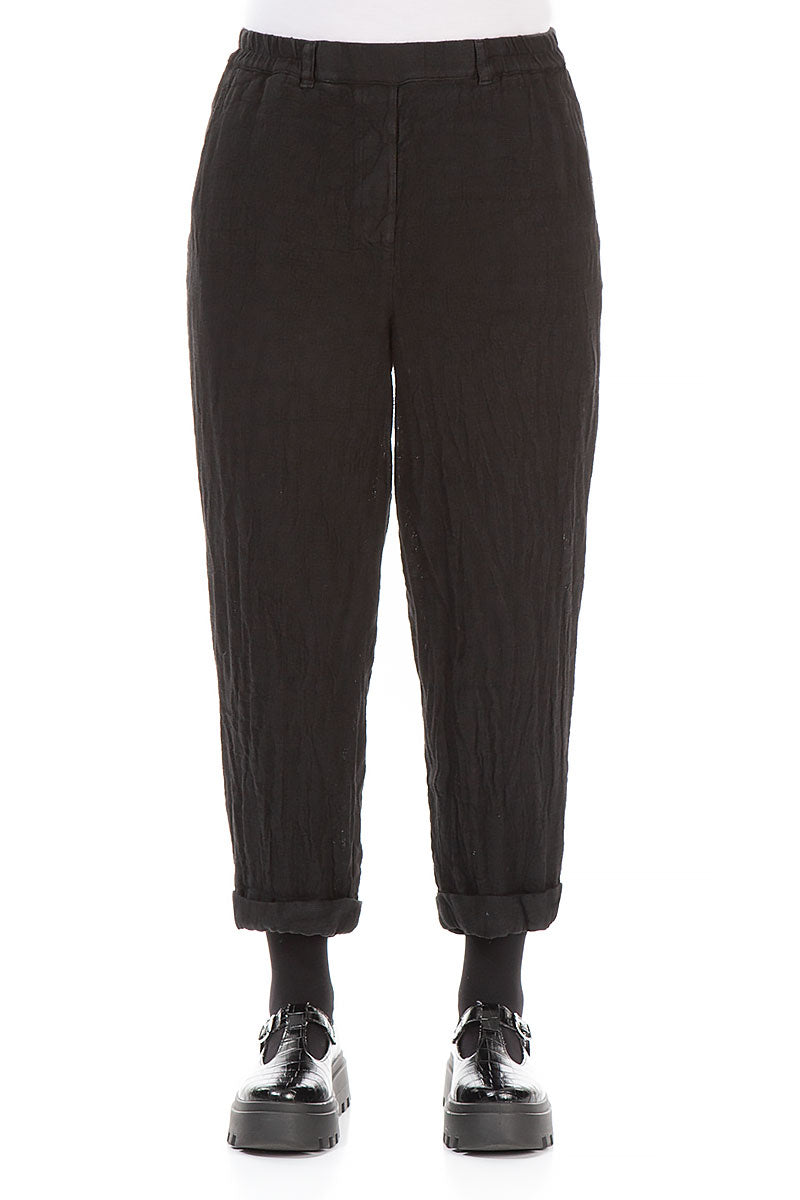 Schwarze, melierte Leinenhose zum Aufrollen