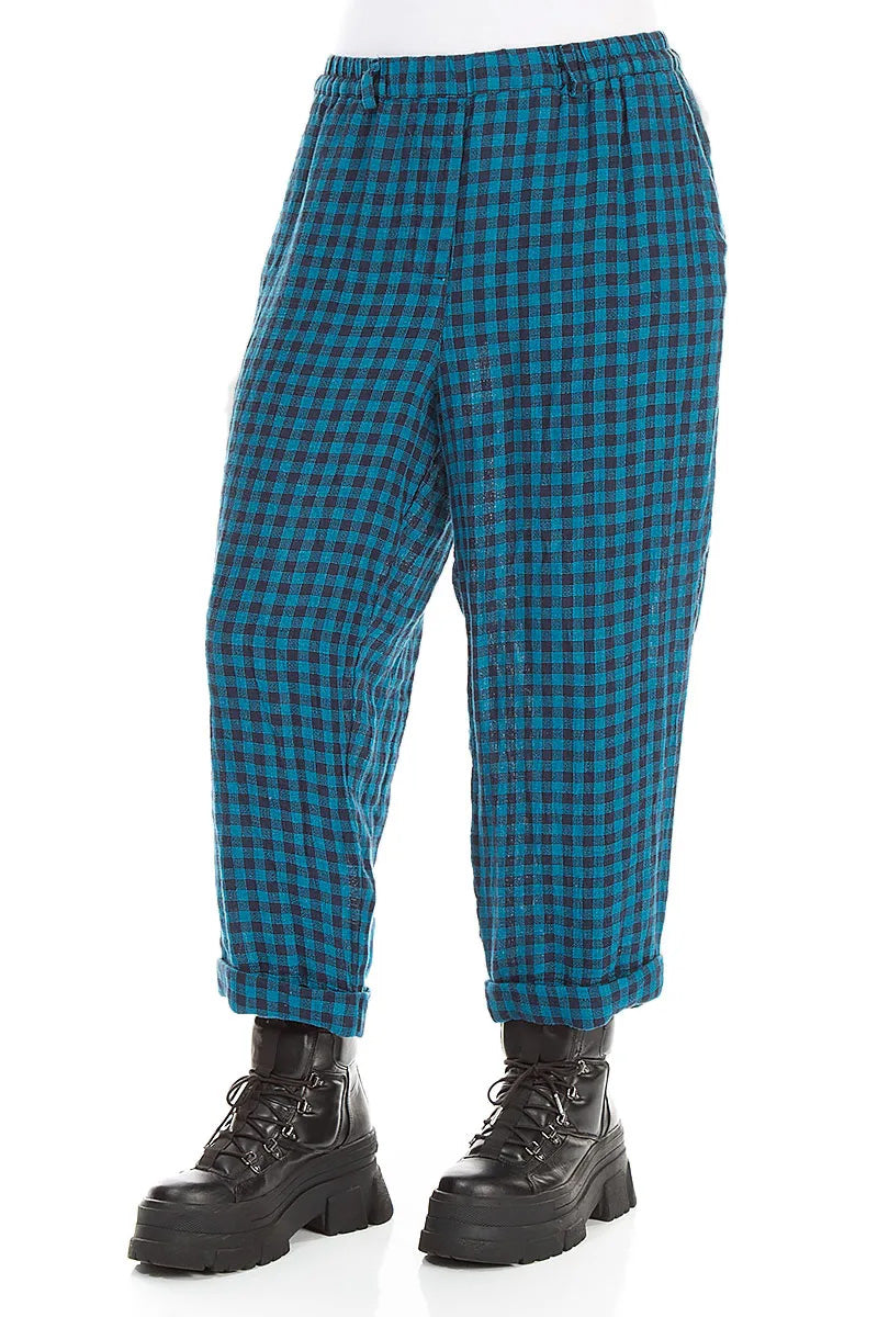 Roll Up Blue Check Linen Trousers