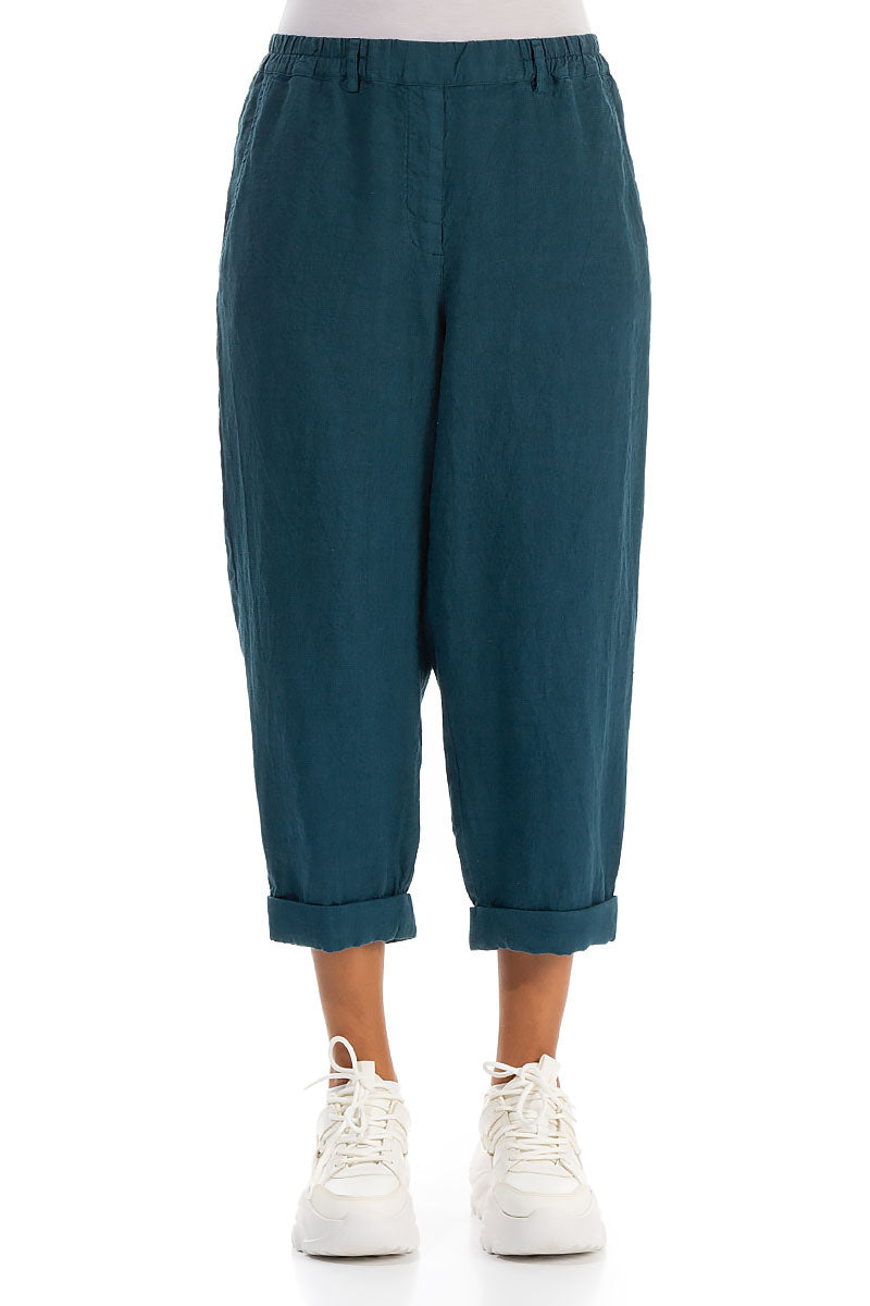 Roll Up Dark Teal Linen Trousers