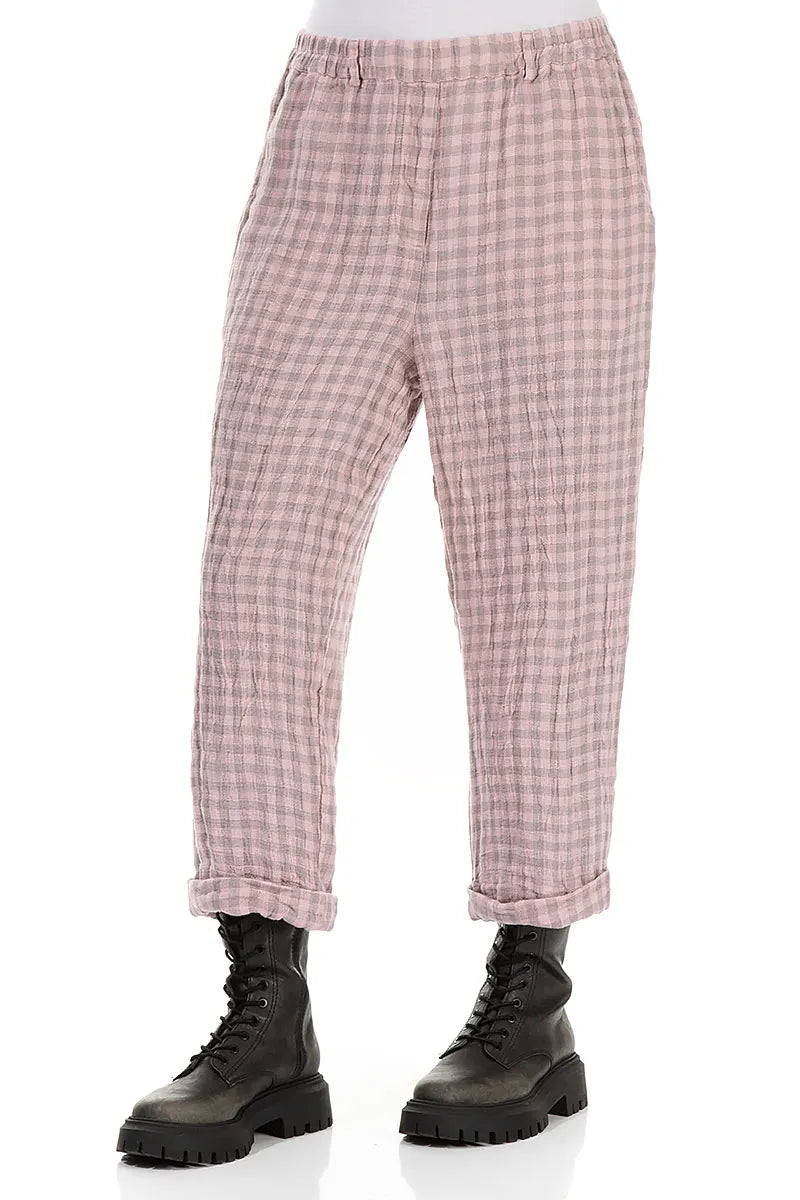 Roll Up Pink Check Linen Trousers 3
