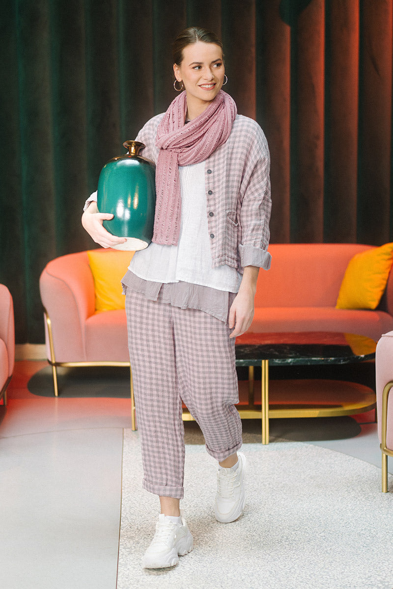 Roll Up Pink Check Linen Trousers 5