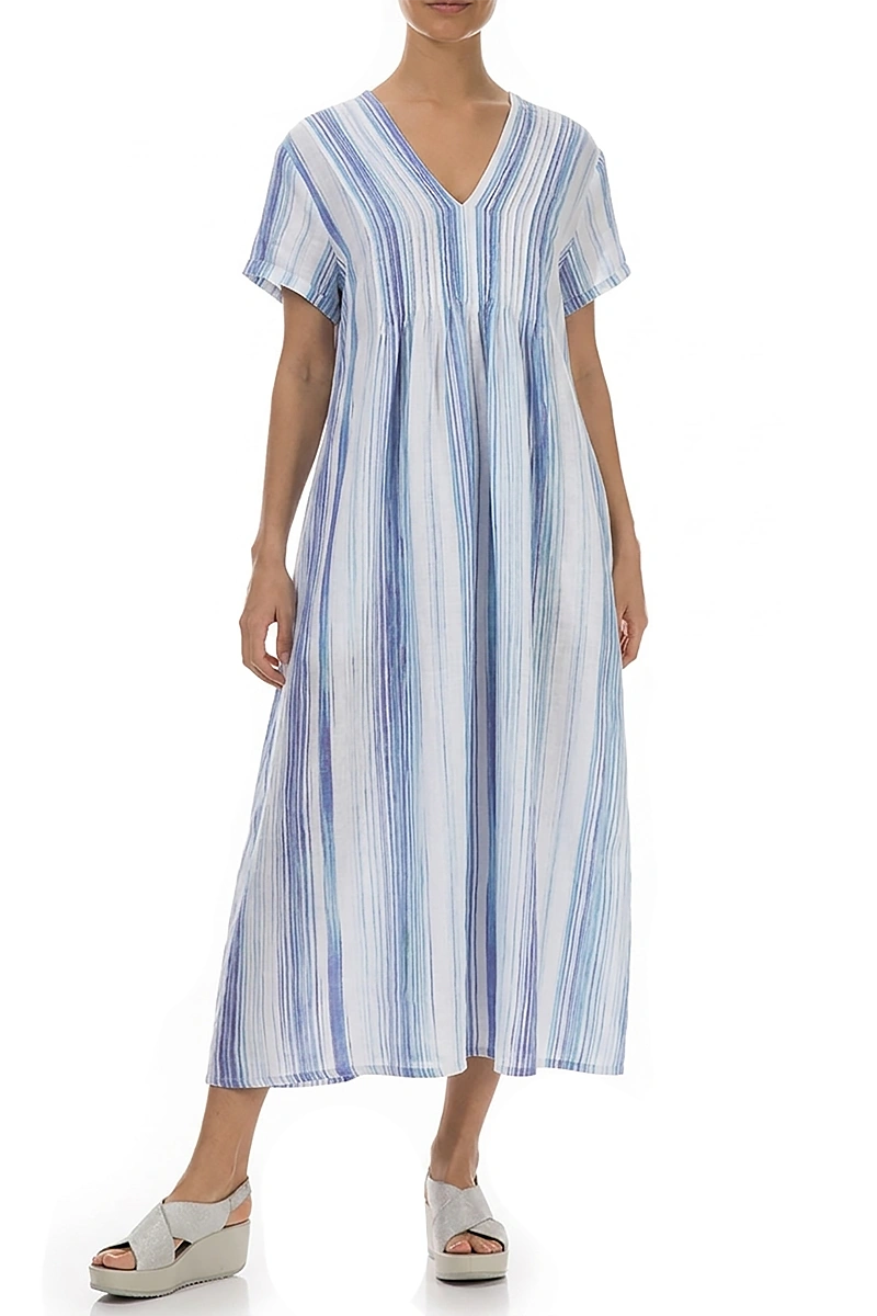 Romantisches blaues Leinenkleid mit Waschstreifen