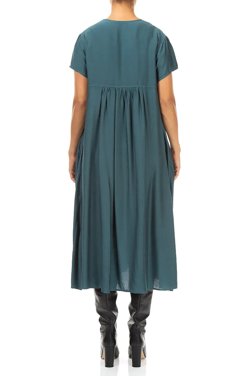 Romantic Deep Turquoise Silk Bamboo Midi Dress 2