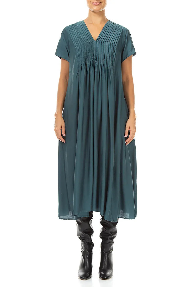 Romantic Deep Turquoise Silk Bamboo Midi Dress 1