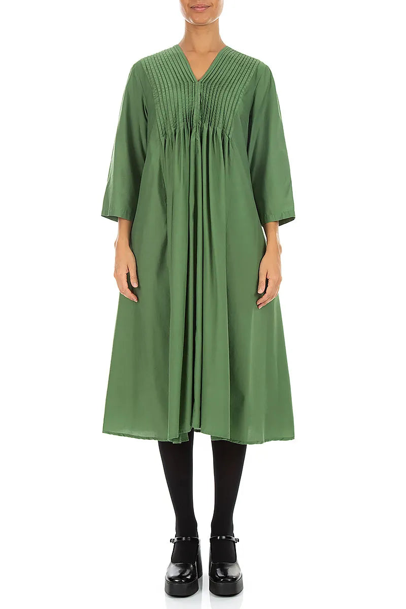 Robe romantique à plis nervurés en soie et Bambou vert trèfle