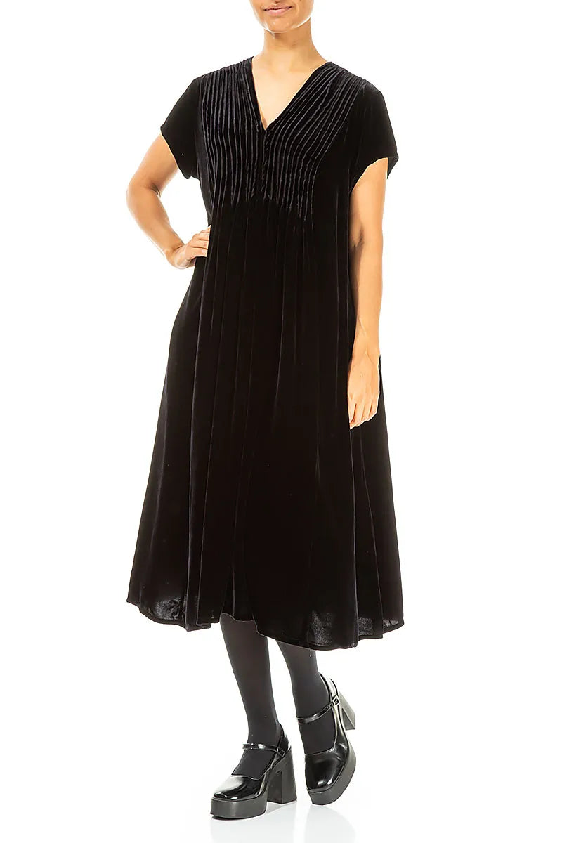 Romantic V-Neck Slate Blue Silk Velvet Dress 4