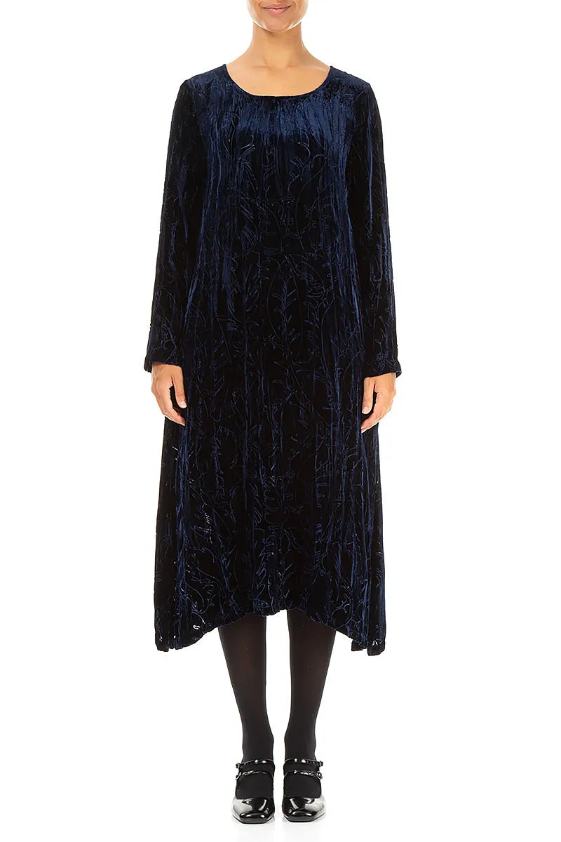 Royal Blue Devoré Feather Crumpled Silk Velvet Dress 1