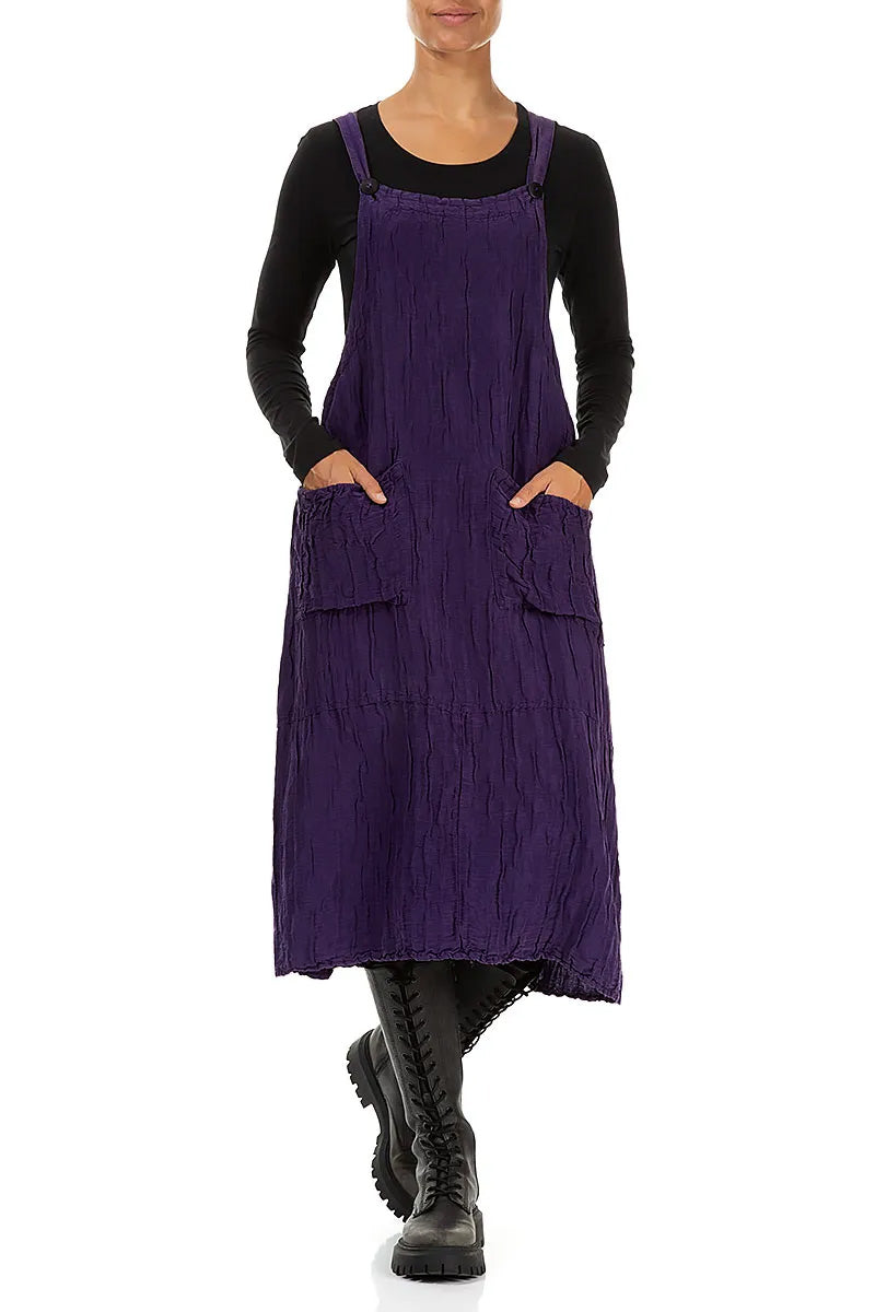 Royal Purple Crinkled Silk Linen Dungaree Dress 4