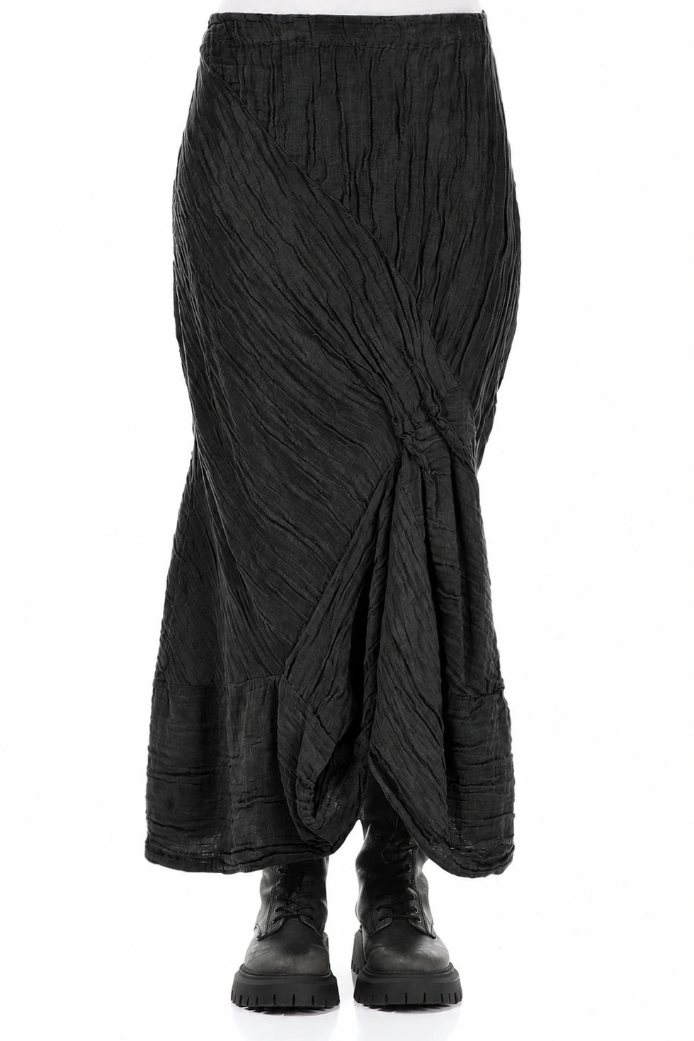 Ruched Crinkled Charcoal Silk Linen Skirt