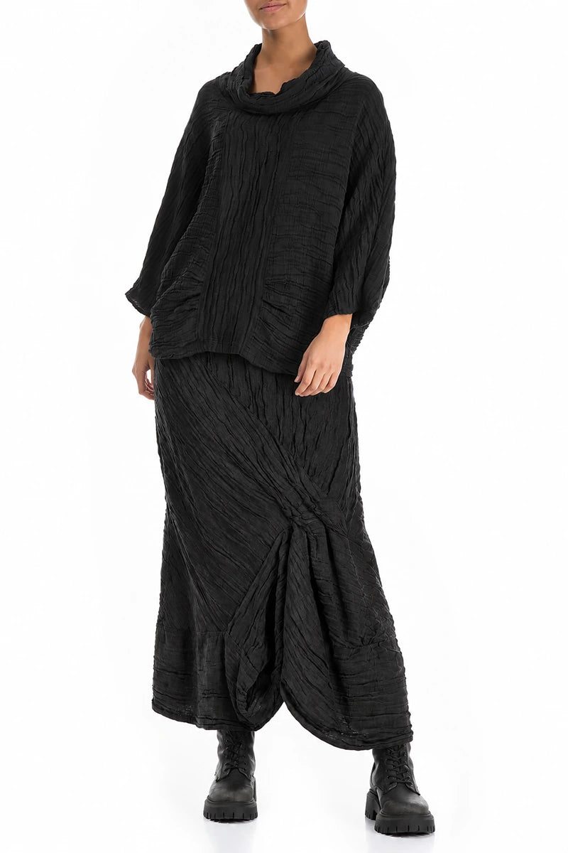 Ruched Crinkled Charcoal Silk Linen Skirt