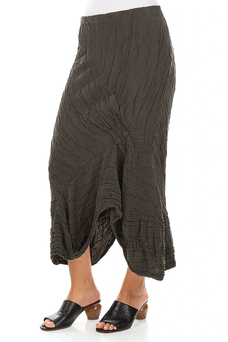 Geraffter, geknitterter, dunkelkhakifarbener Seidenleinenrock