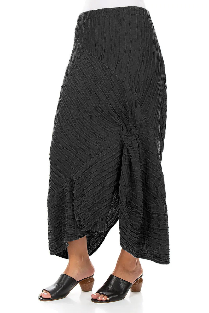 Ruched Crinkled Black Silk Linen Skirt 3