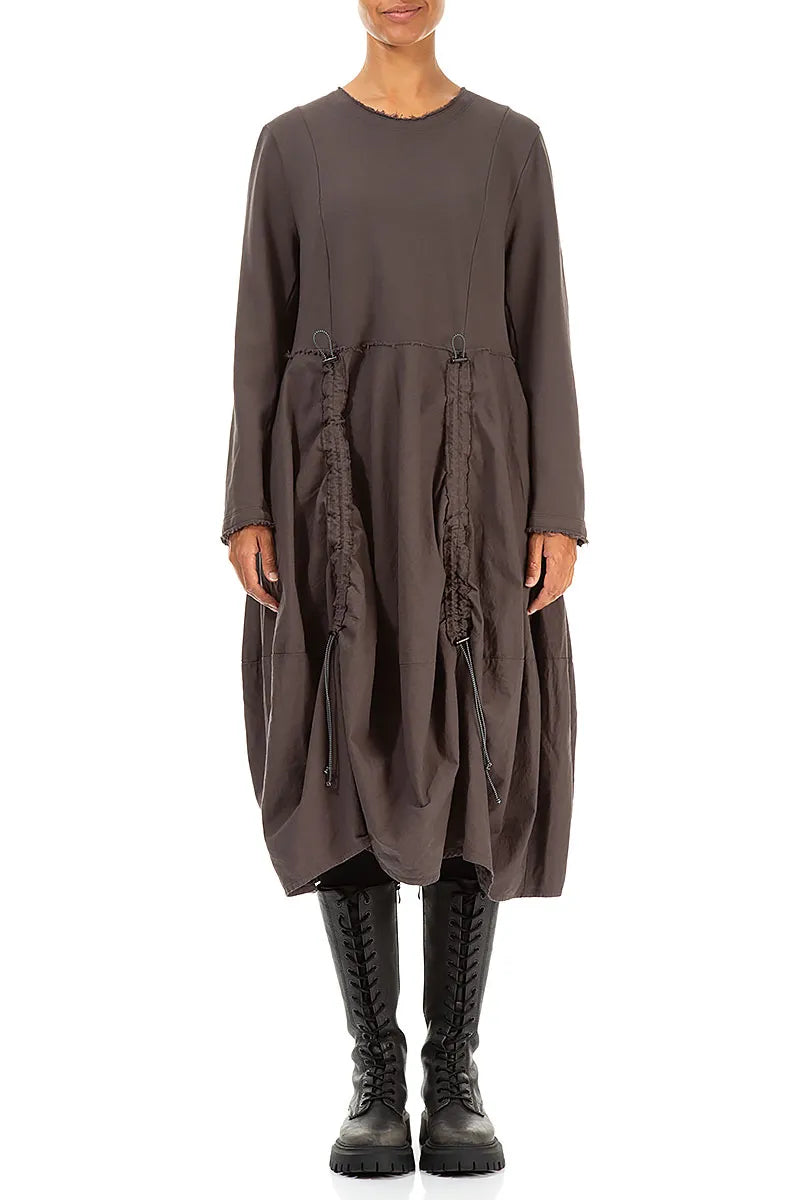 Ruched Forest Brown Cotton Dress 1