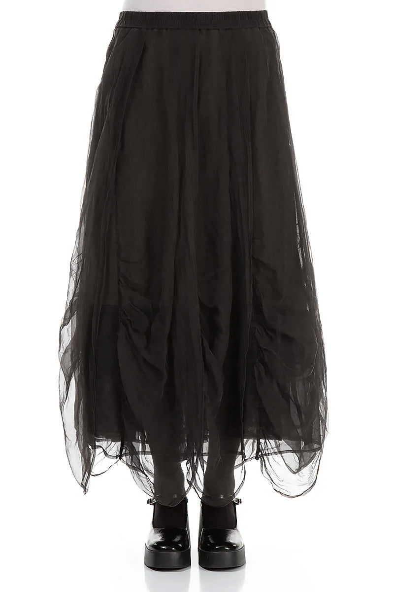 Ruched Forest Brown Silk Chiffon Skirt 1