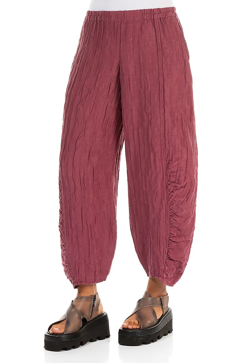 Ruched Hem Antique Ruby Crinkled Silk Linen Trousers