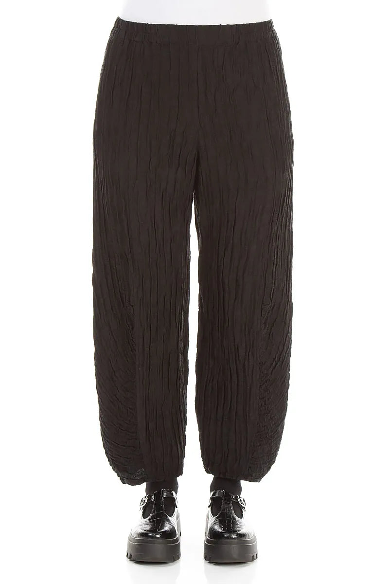 Ruched Hem Black Crinkled Silk Linen Trousers