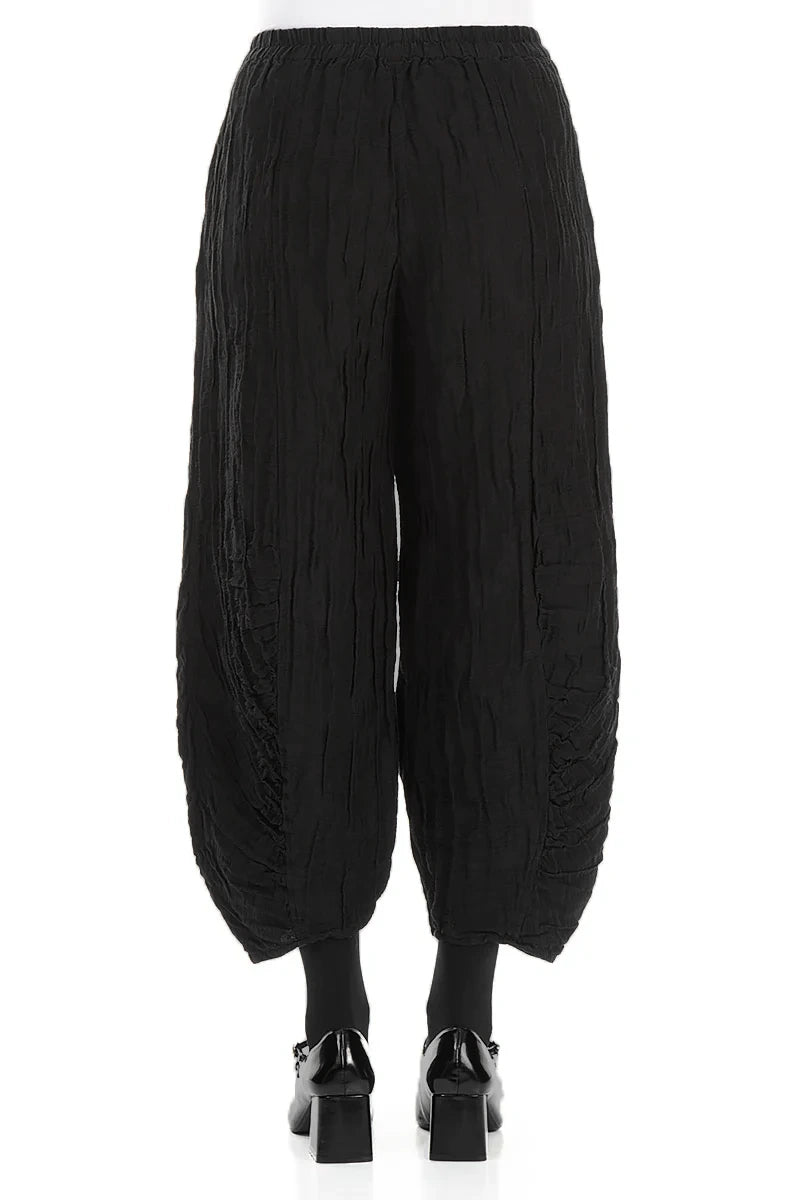 Ruched Hem Black Crinkled Silk Linen Trousers 2