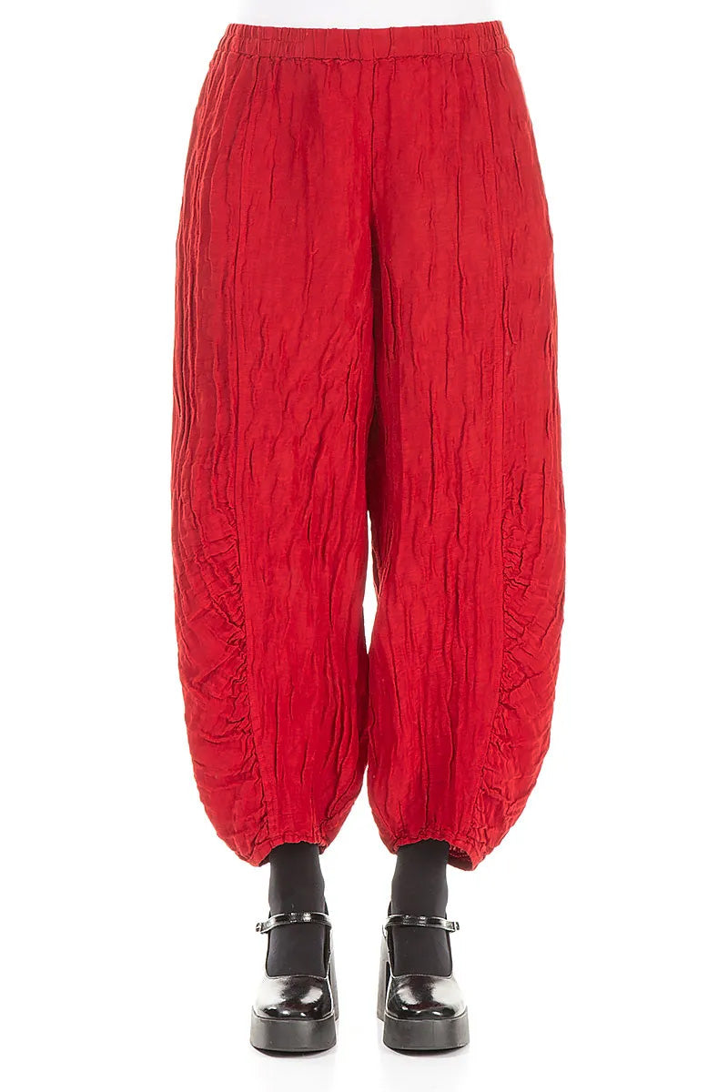 Ruched Hem Cherry Red Crinkled Silk Linen Trousers 1