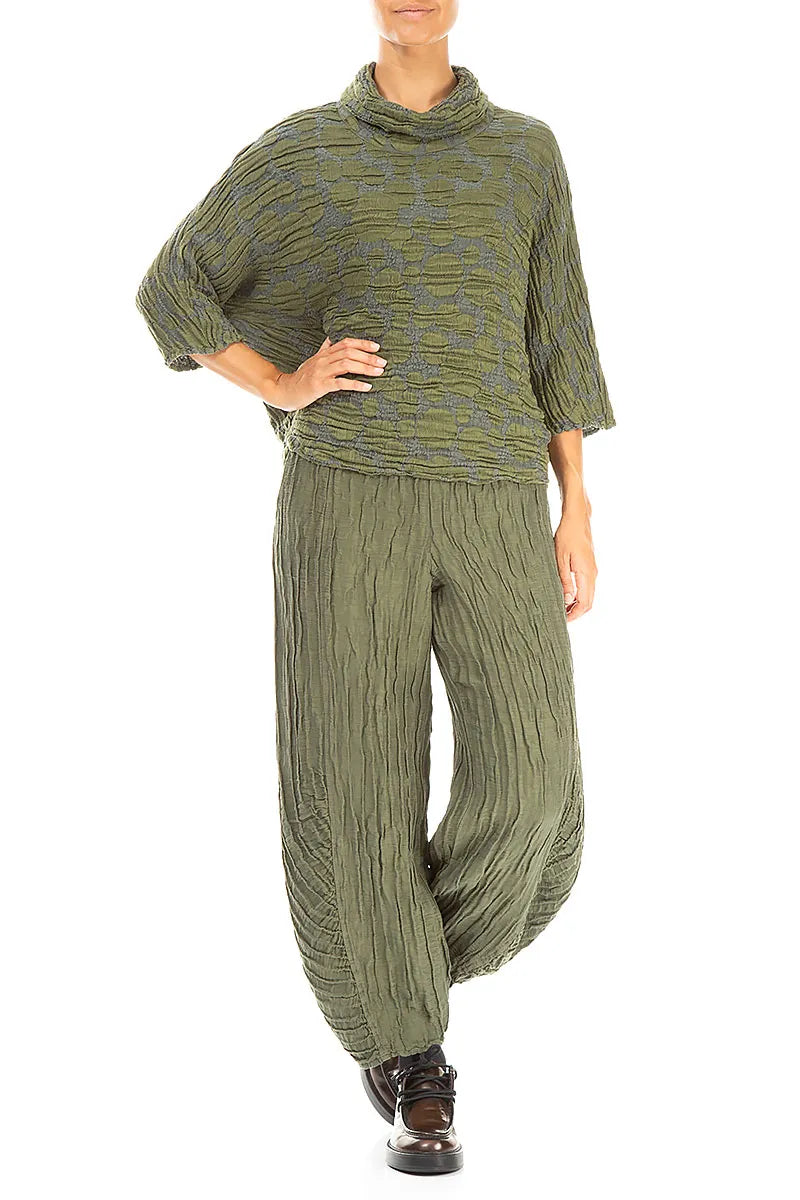 Ruched Hem Forest Mist Crinkled Silk Linen Trousers 4