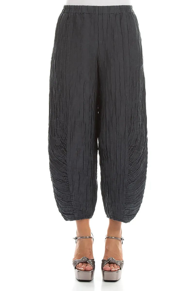 Ruched Hem Graphite Crinkled Silk Linen Trousers