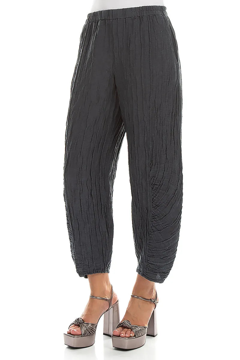 Ruched Hem Graphite Crinkled Silk Linen Trousers