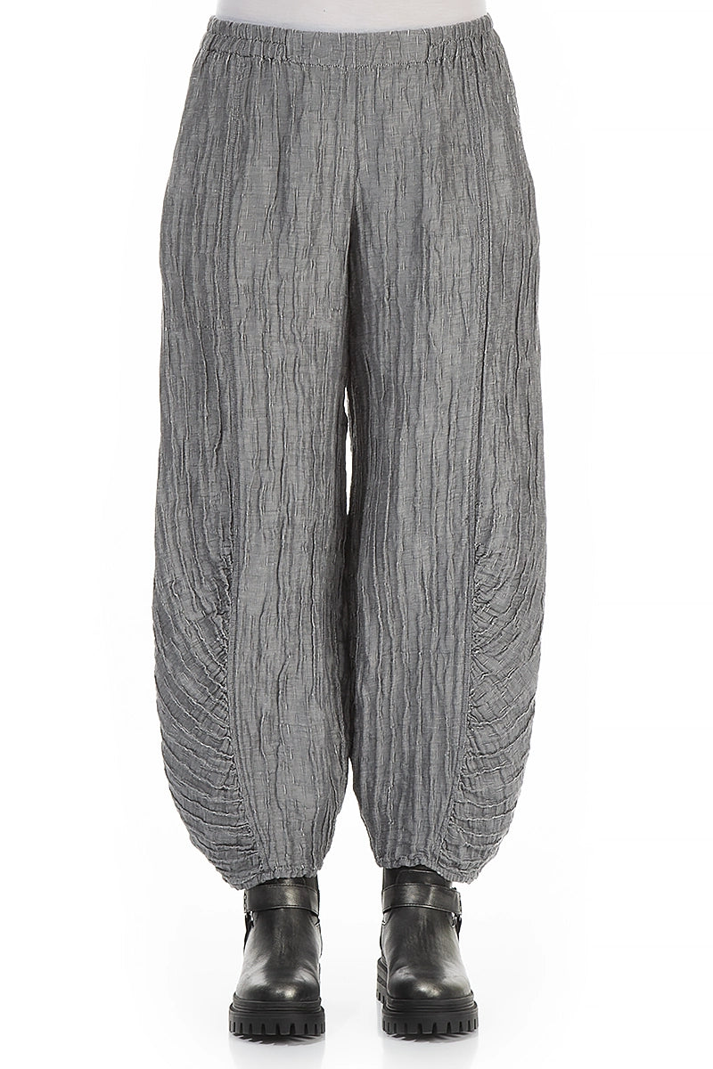 Ruched Hem Silver Crinkled Silk Linen Trousers 1
