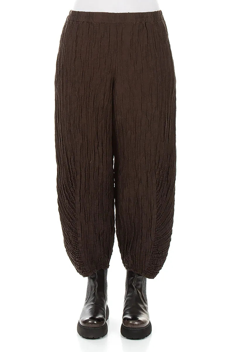 Ruched Hem Truffle Brown Crinkled Silk Linen Trousers