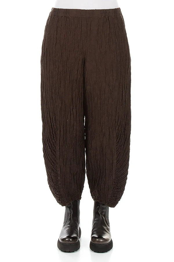 Ruched Hem Truffle Brown Crinkled Silk Linen Trousers