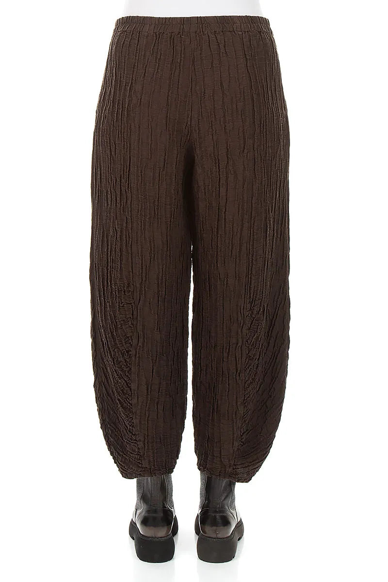 Ruched Hem Truffle Brown Crinkled Silk Linen Trousers