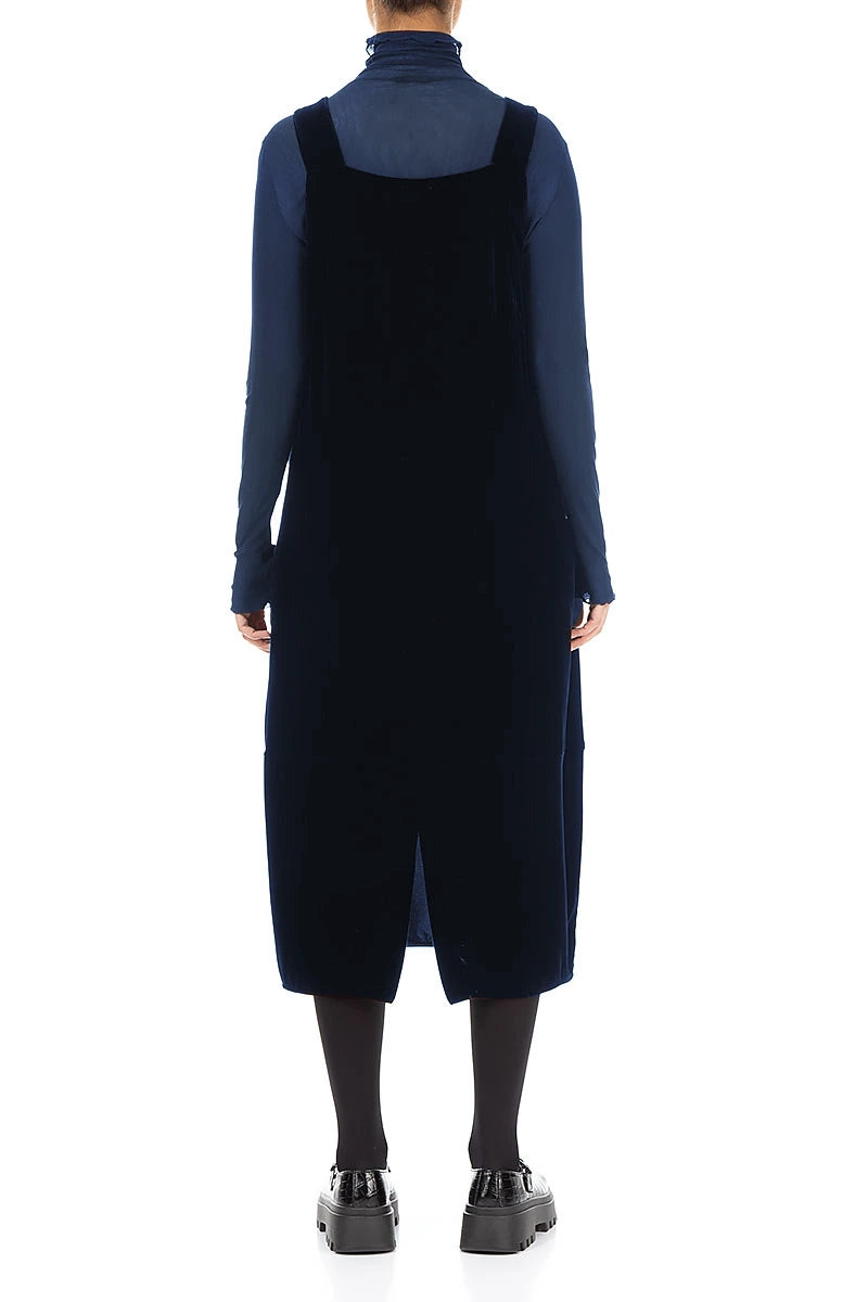 Ruched Pockets Royal Blue Silk Velvet Dungaree Dress 2