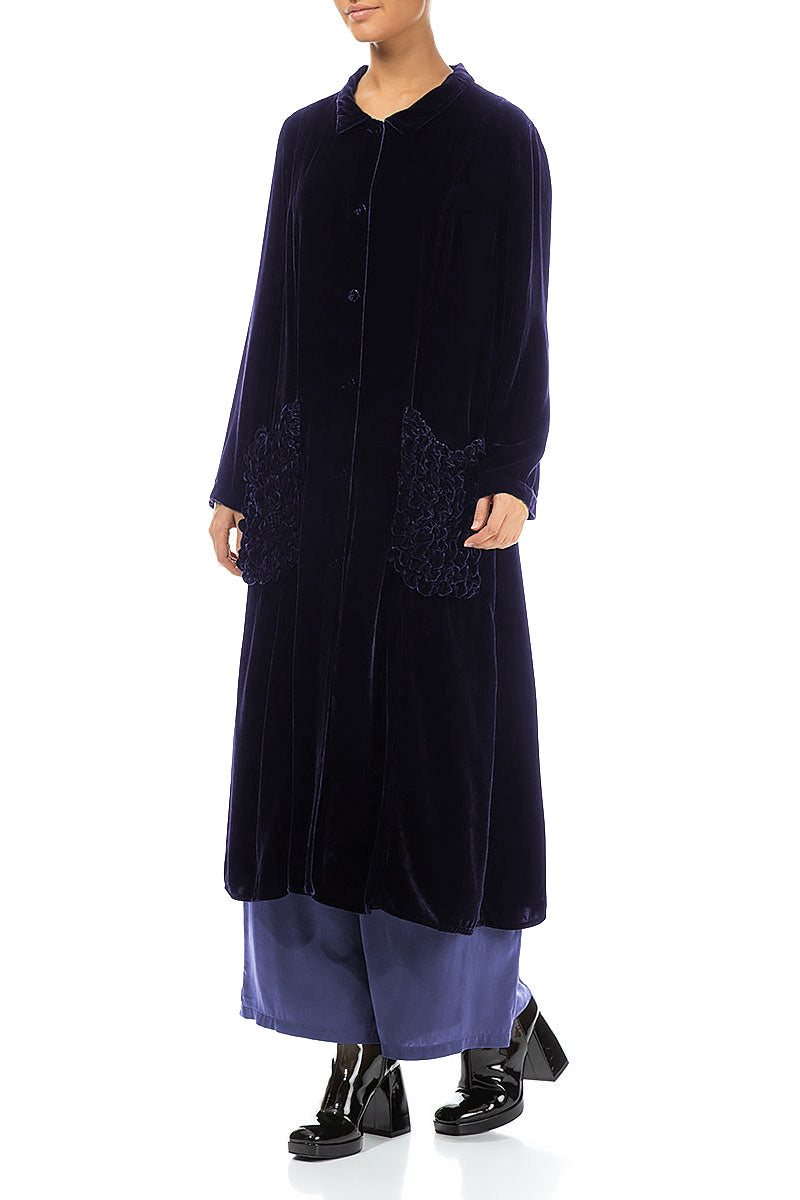 Ruched Pockets Royal Purple Silk Velvet Jacket - Coat 3