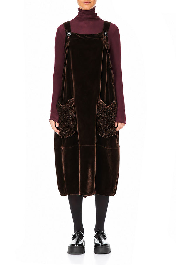 Ruched Pockets Truffle Brown Silk Velvet Dungaree Dress 1