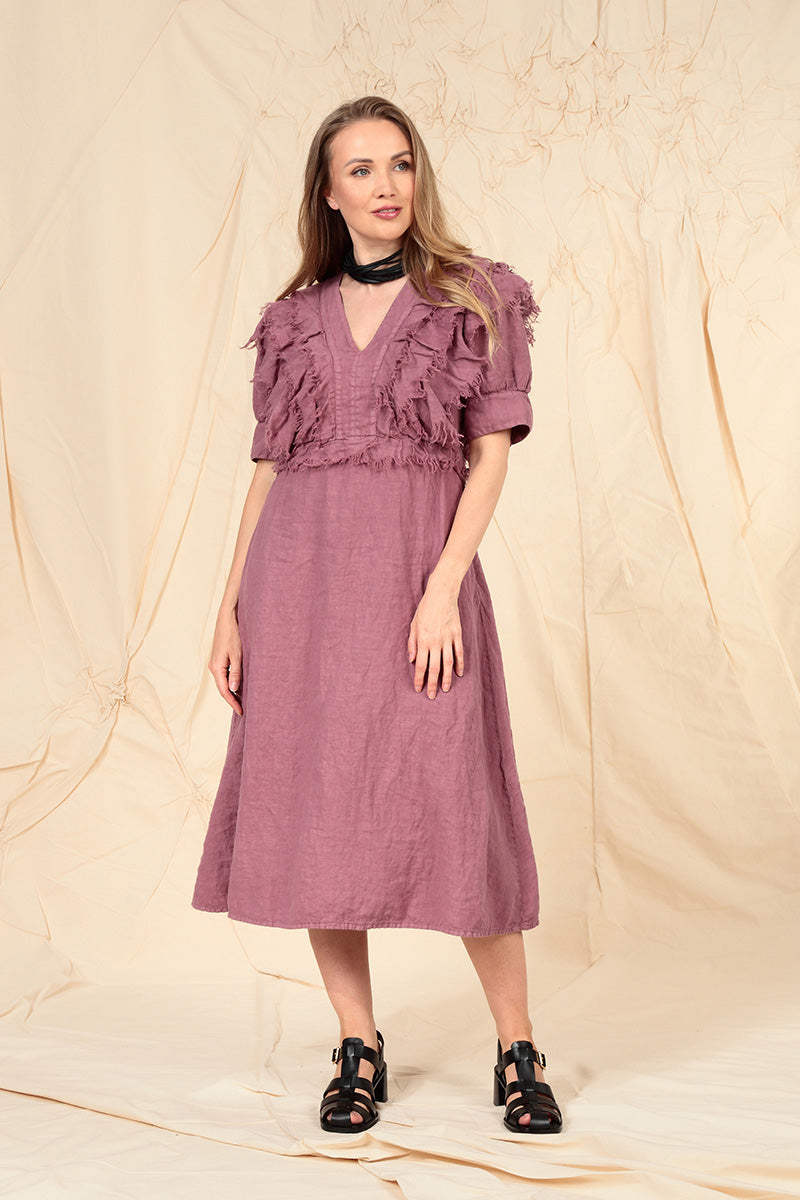 Ruffle Mauve Taupe Linen Dress 7