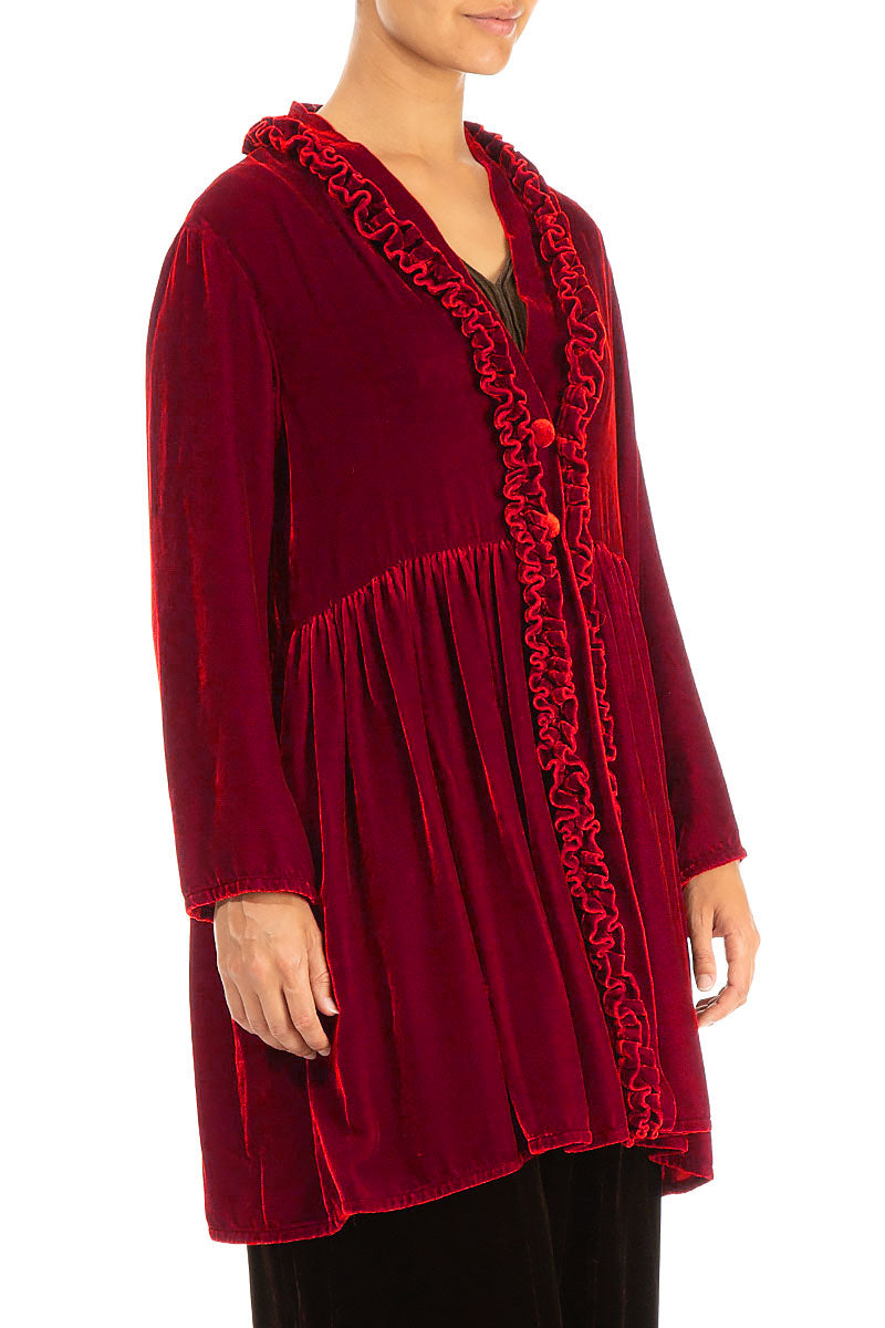 Ruffled Cherry Red Silk Velvet Jacket