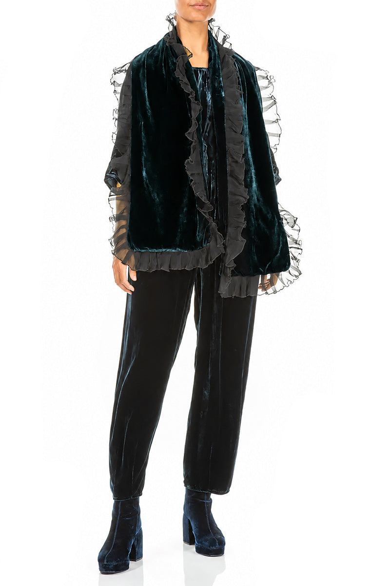 Ruffled Deep Turquoise Silk Velvet Scarf