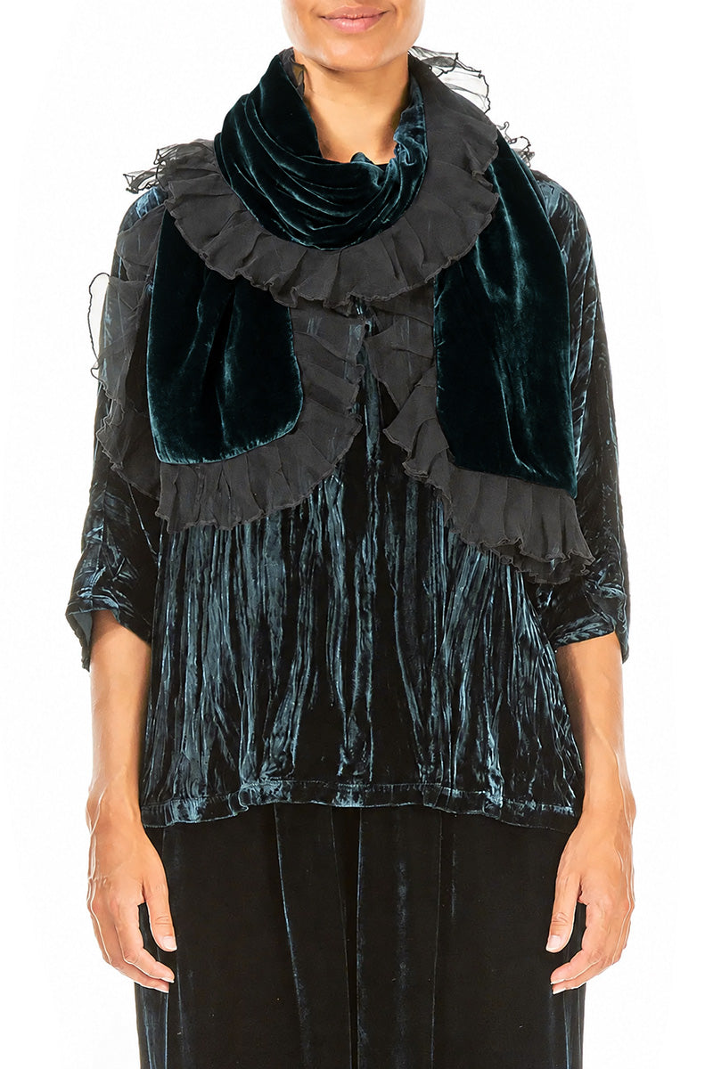 Ruffled Deep Turquoise Silk Velvet Scarf