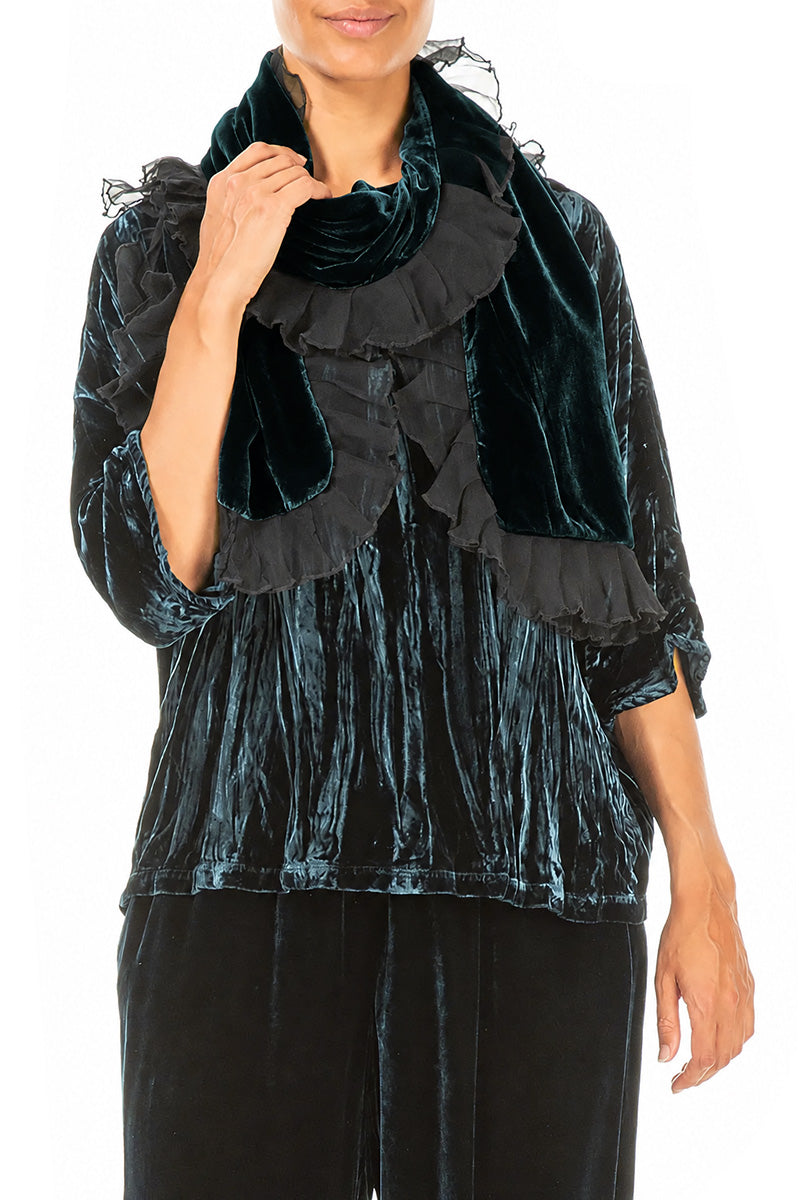 Ruffled Deep Turquoise Silk Velvet Scarf
