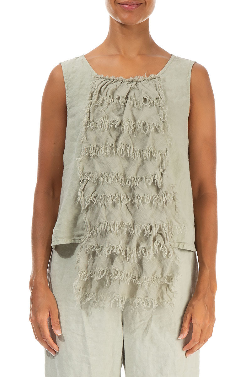 Ruffled Fringed Laurel Green Linen Blouse 1