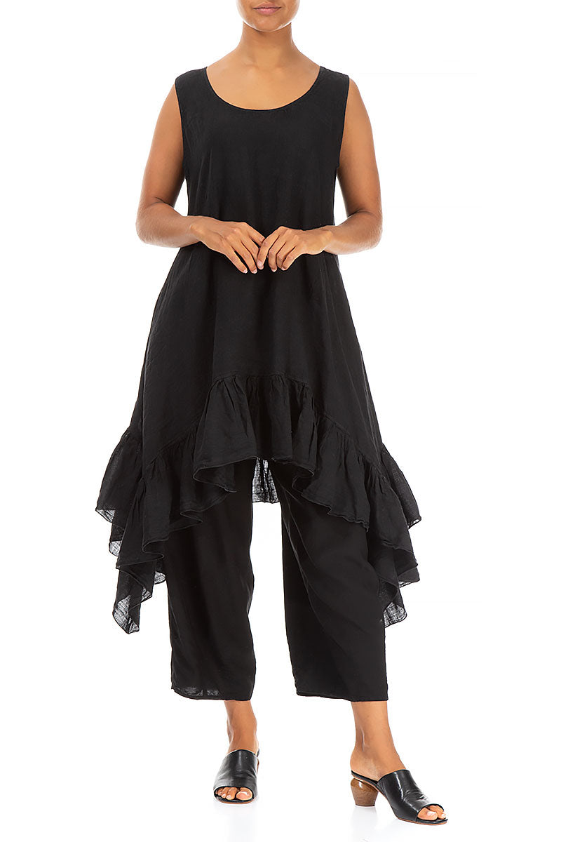 Ruffled Hem Sleeveless Black Linen Tunic Dress 4