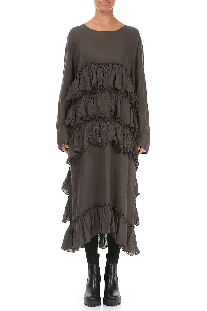 Ruffled Layers Khaki Gauze Linen Dress 1