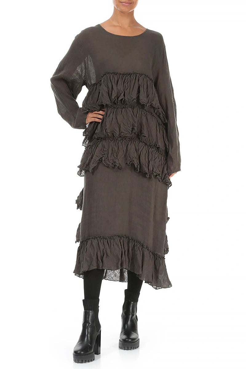 Ruffled Layers Khaki Gauze Linen Dress 4