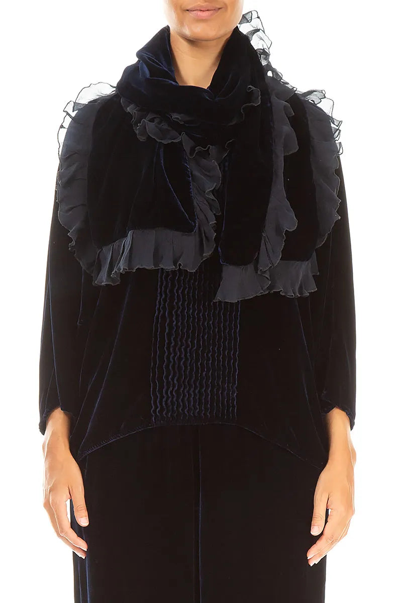 Ruffled Royal Blue Silk Velvet Scarf 1